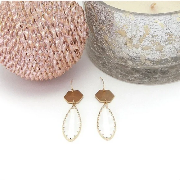 Women’s Clear teardrop gem brushed gold tone hex earrings - Picture 5 of 5